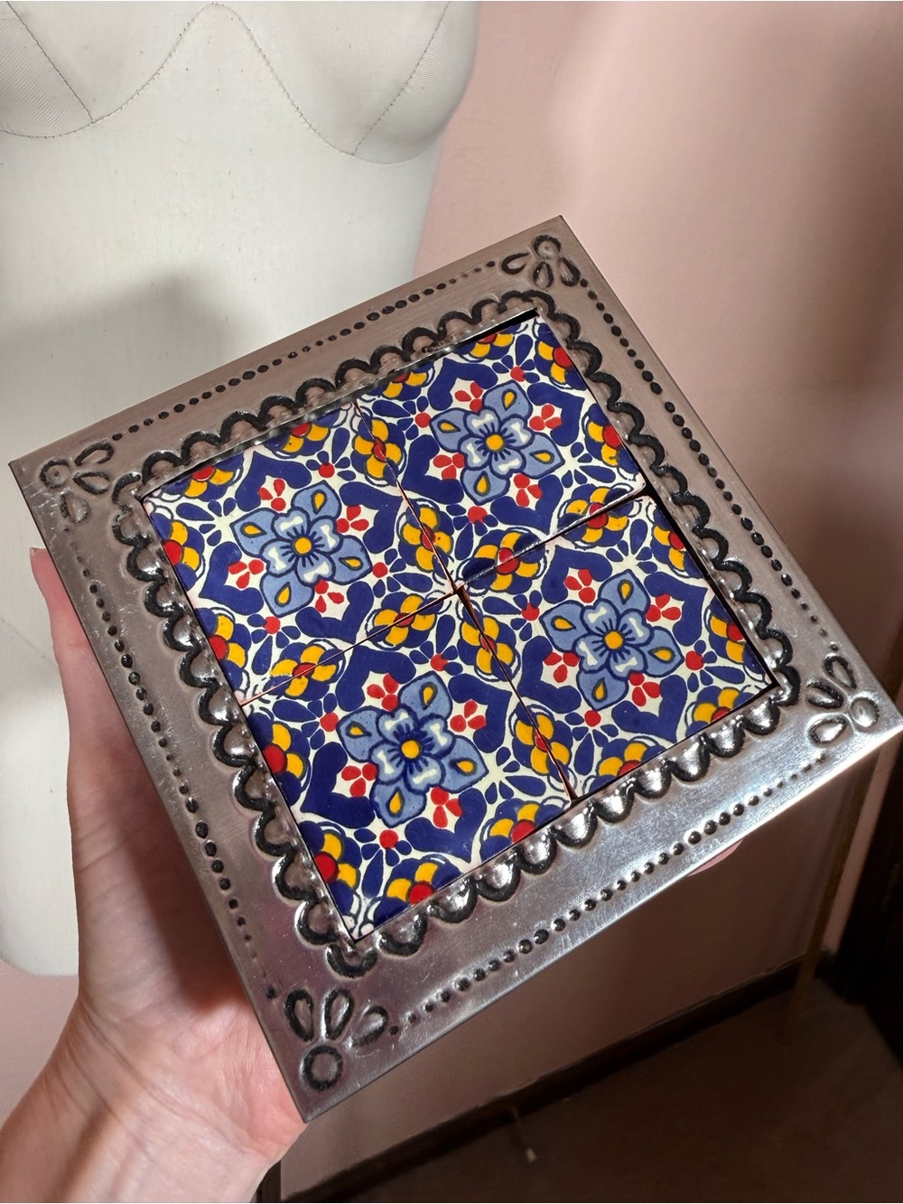 Vintage Mexico Colorful tile hand stamped silver metal decorative box art